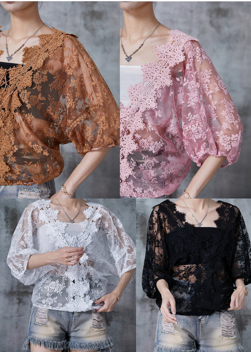 Pink Hollow Out Lace Blouse Top Summer