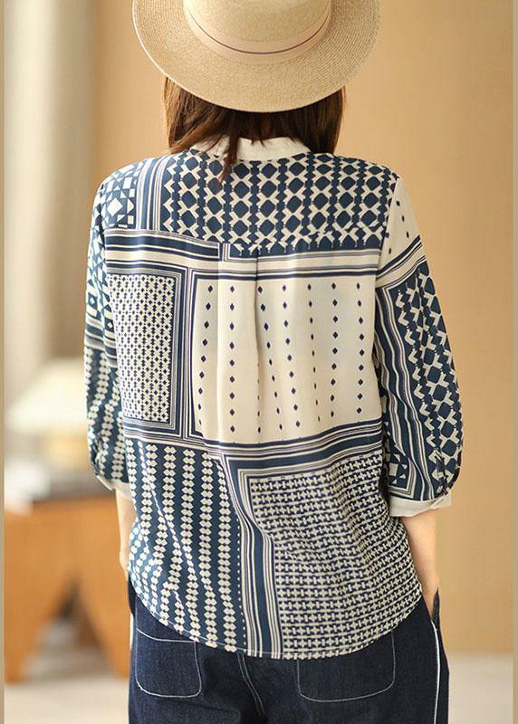 Apricot O-neck Print Button Fall Blouses Three Quarter Sleeve