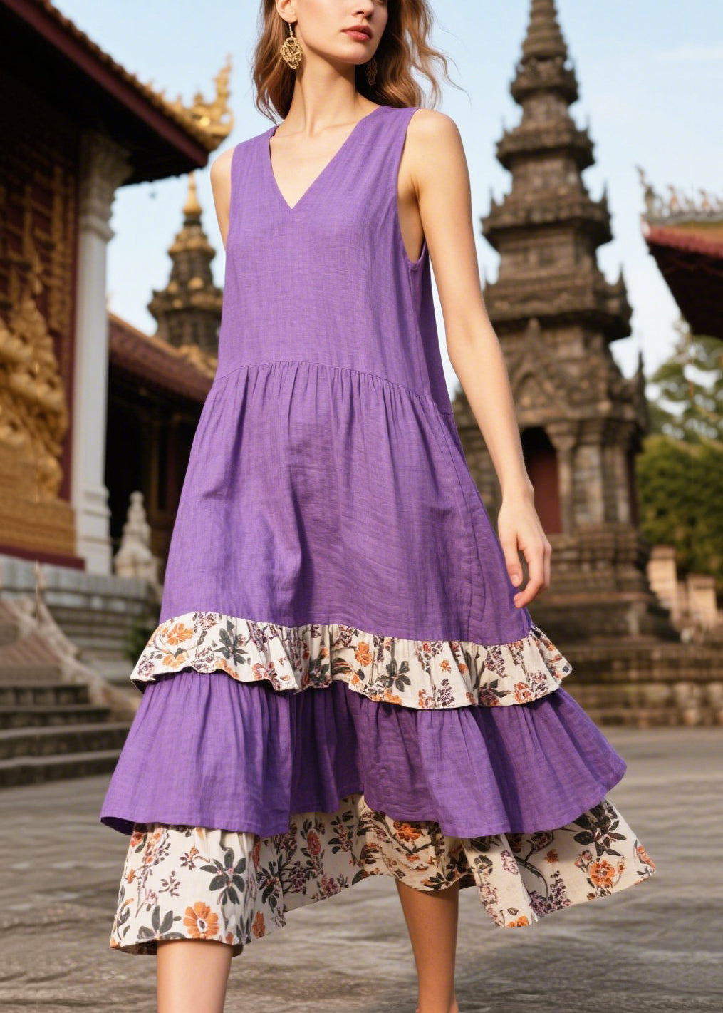 Purple Oversized Patchwork Linen Sundresses Summer
