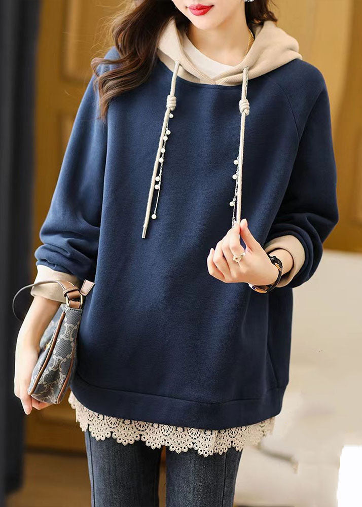 Navy Blue Drawstring Lace Patchwork Fleece Hoodie Sweatshirt Fall