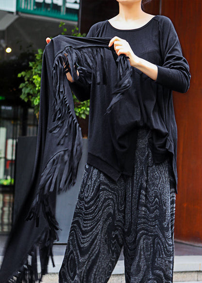 Black O-neck Tasseled Asymmetrical Design Spring Tops Long Sleeve