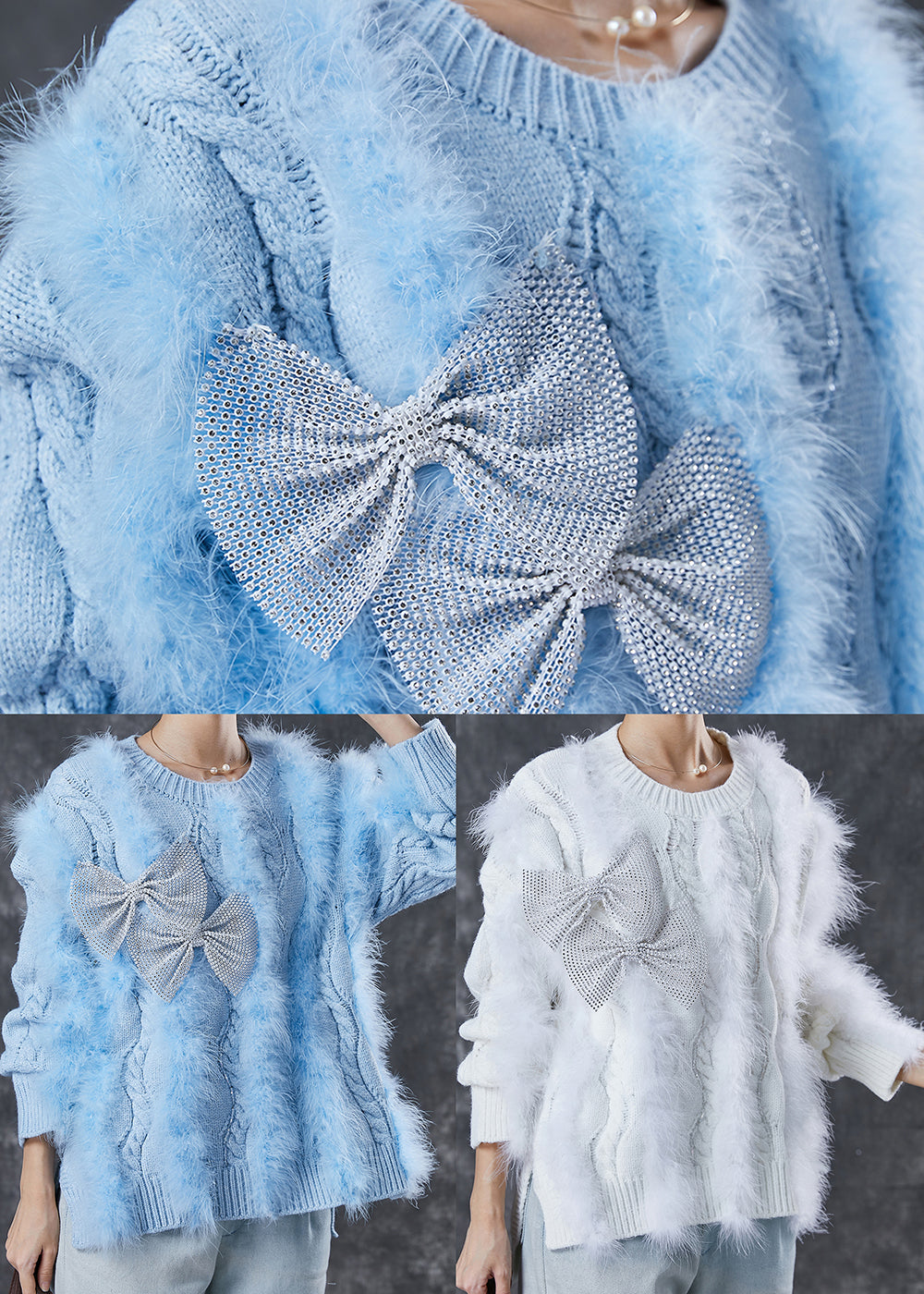 Cozy White Patchwork Mink Hair Knit Short Sweater Winter
