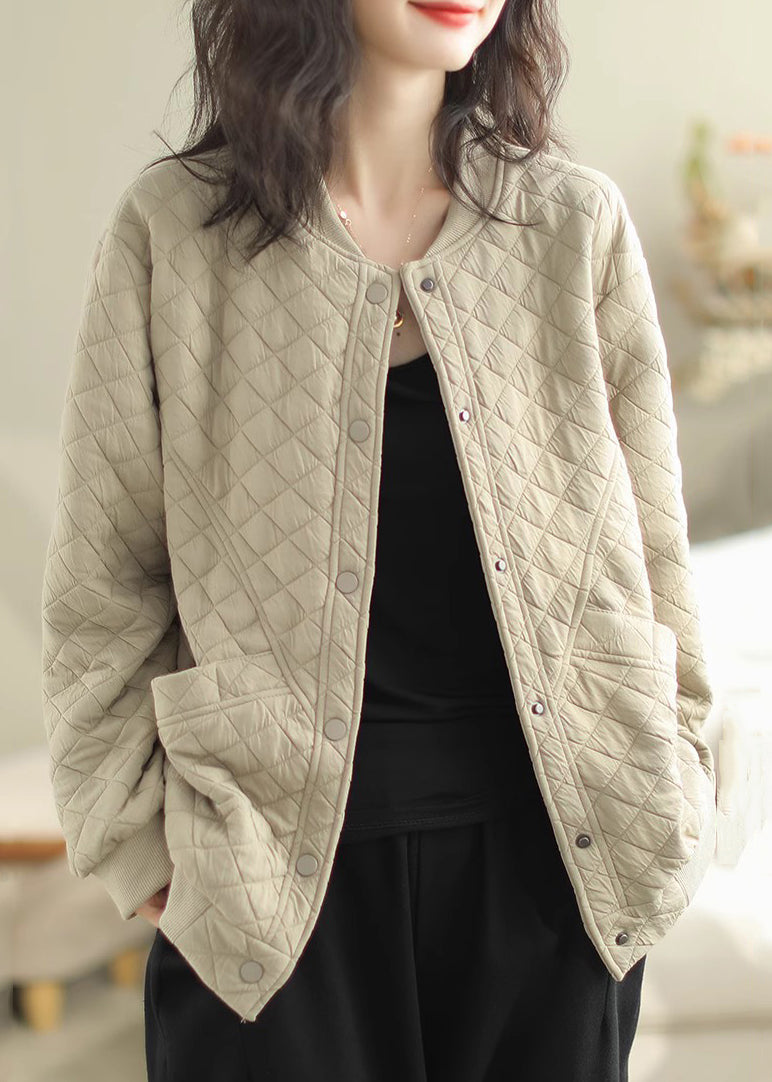 Beige Stand Collar Pockets Fine Cotton Filled Jacket Winter