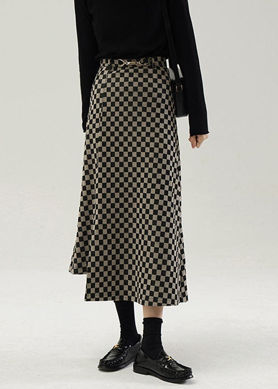 Black Asymmetrical Plaid Knit Skirts Spring