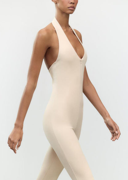 Slim Fit Beige Backless Zippered Cotton Jumpsuit Sleeveless