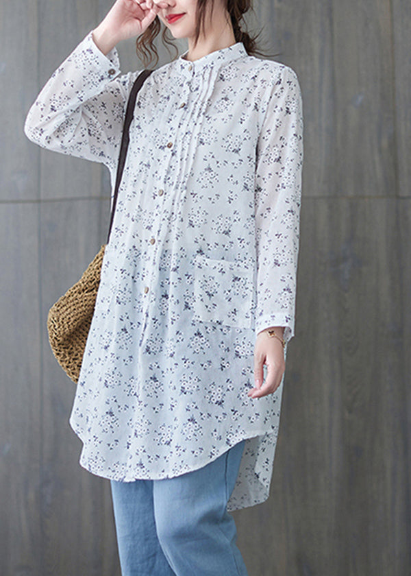 Italian White Stand Collar Wrinkled Print Shirts Half Sleeve