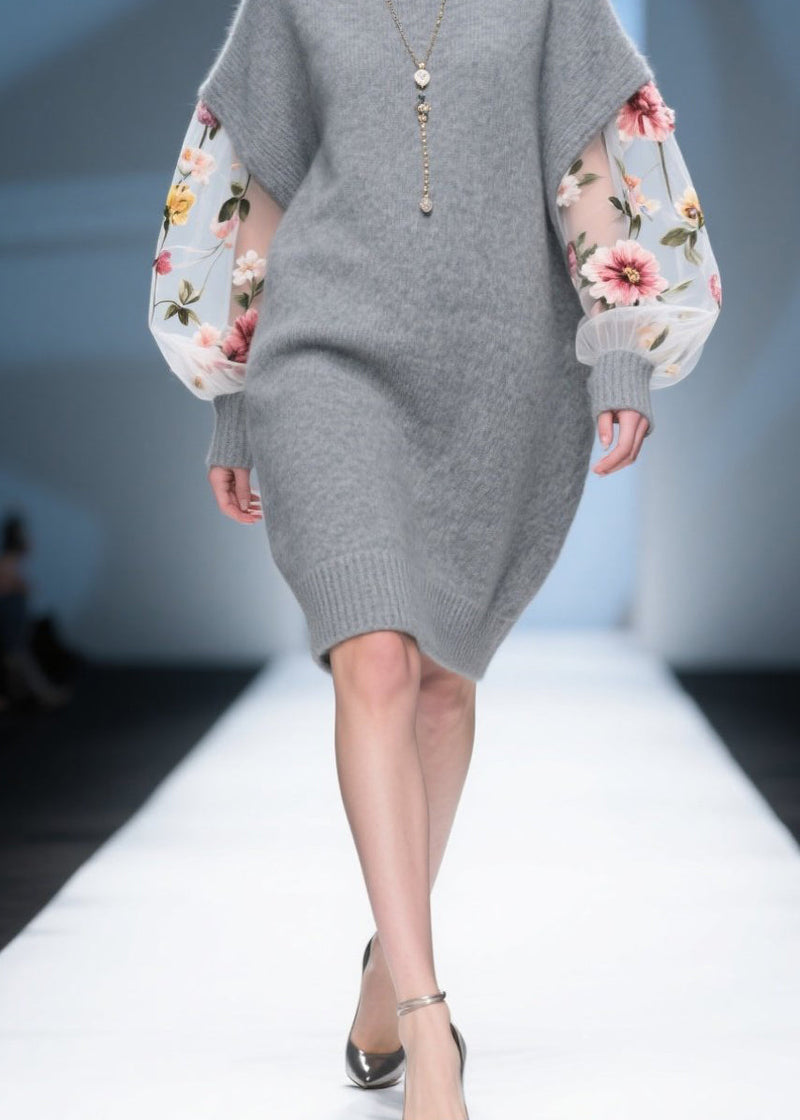 Diy Grey Tulle Patchwork Knitwear Dress Fall