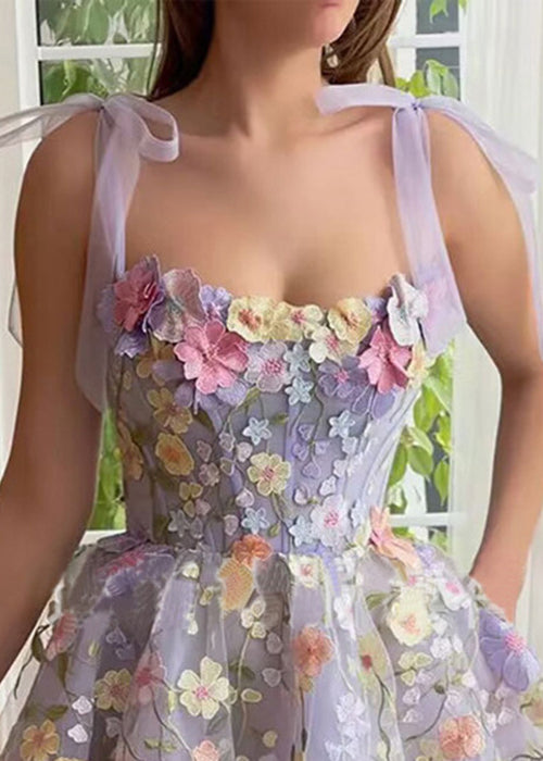 Novelty Purple Embroidered Zippered Tulle Spaghetti Strap Dress Sleeveless Summer