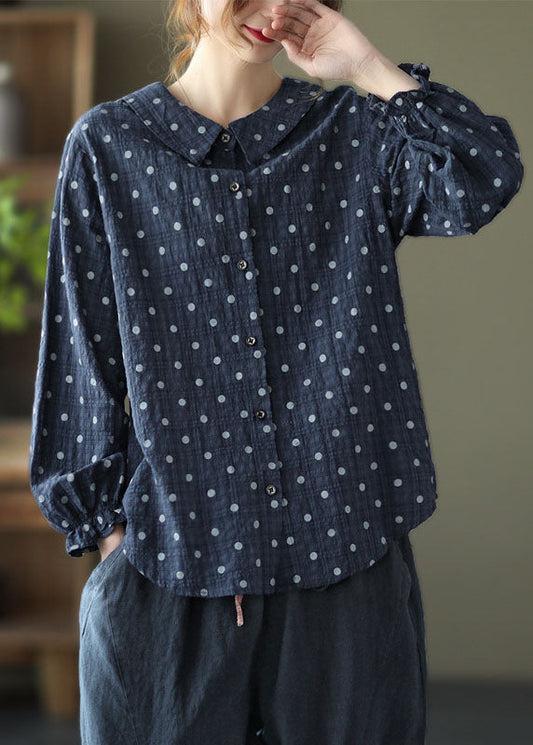 Navy Peter Pan Collar Dot Print Linen Blouses Lantern Sleeve