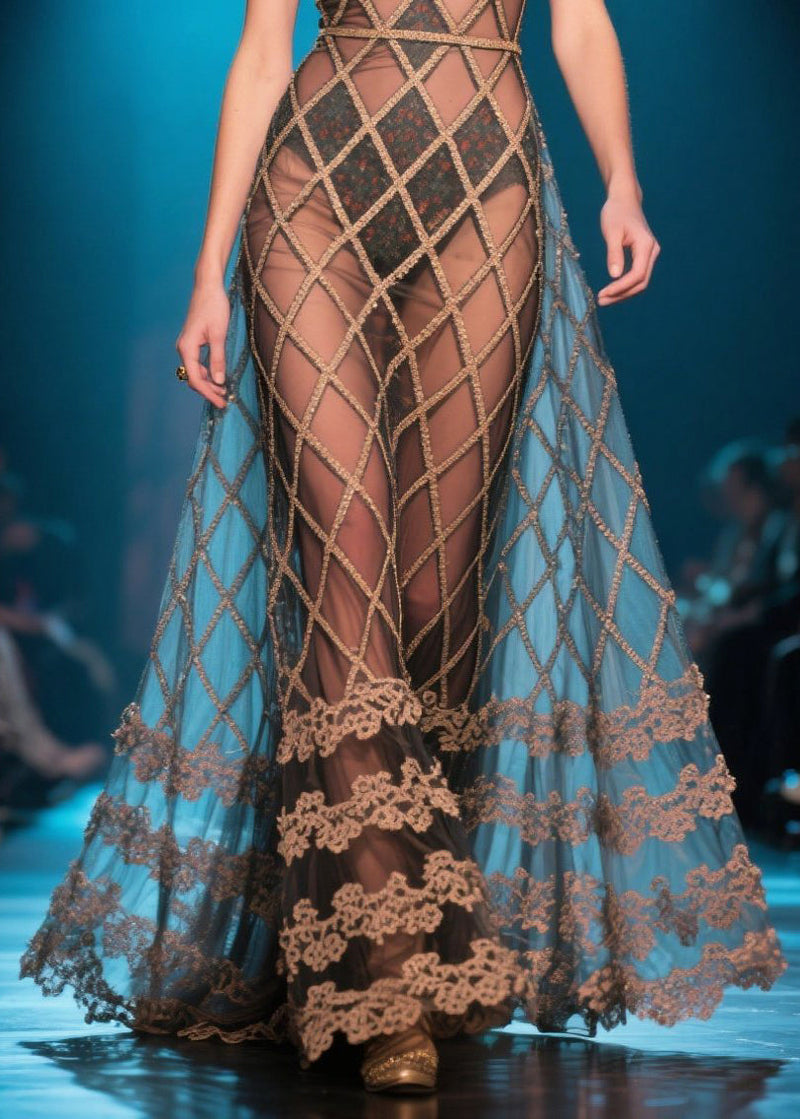 Brown Plaid Silm Fit Tulle Party Dress Summer