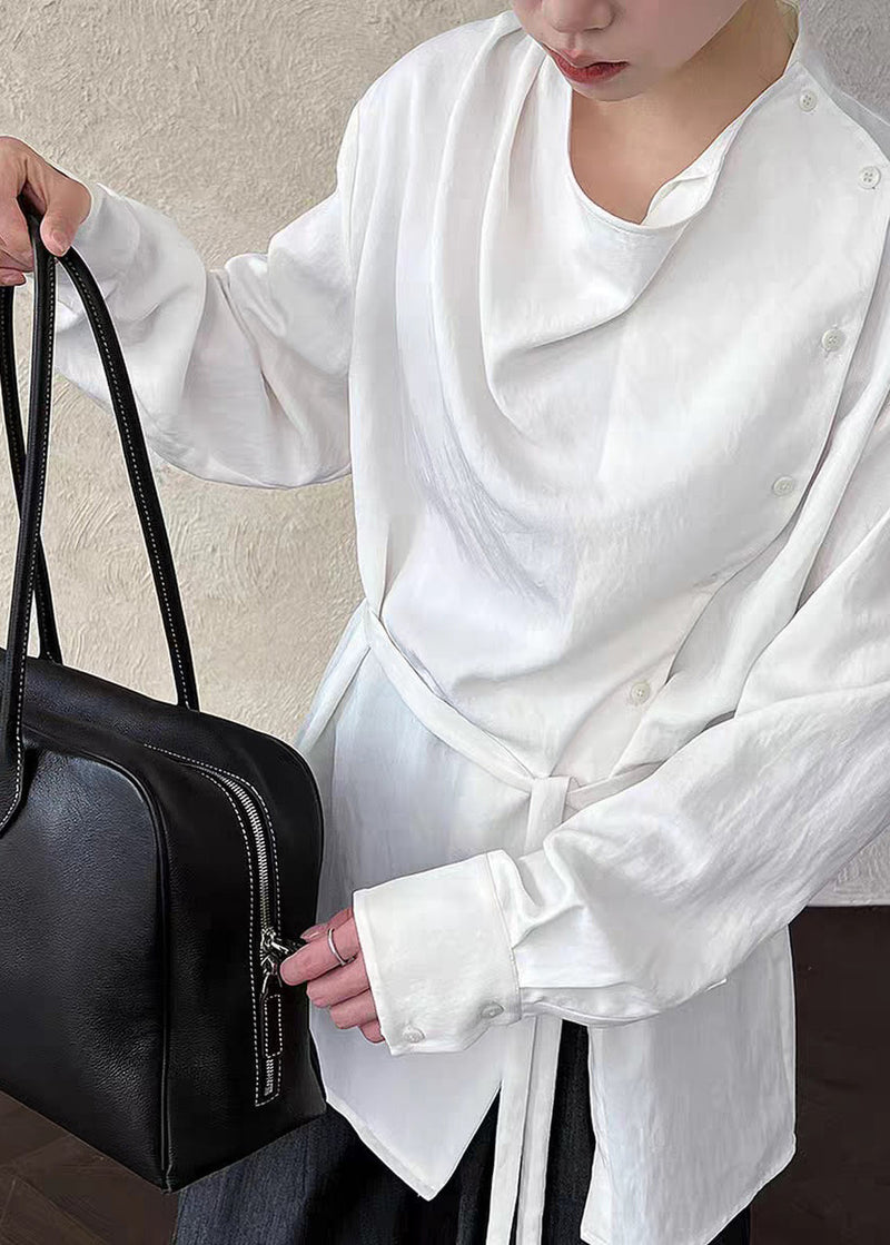 White Stand Collar Button Shirts Lantern Sleeve