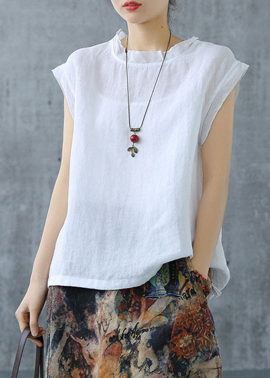 Black Plaid Drawstring Turtle Neck Linen Tank Short Sleeve