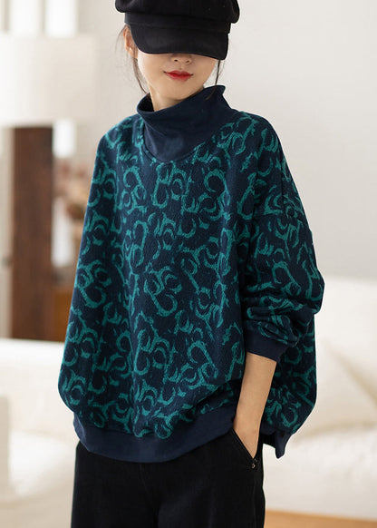Navy Turtle Neck Print Cotton Sweatshirt Spring