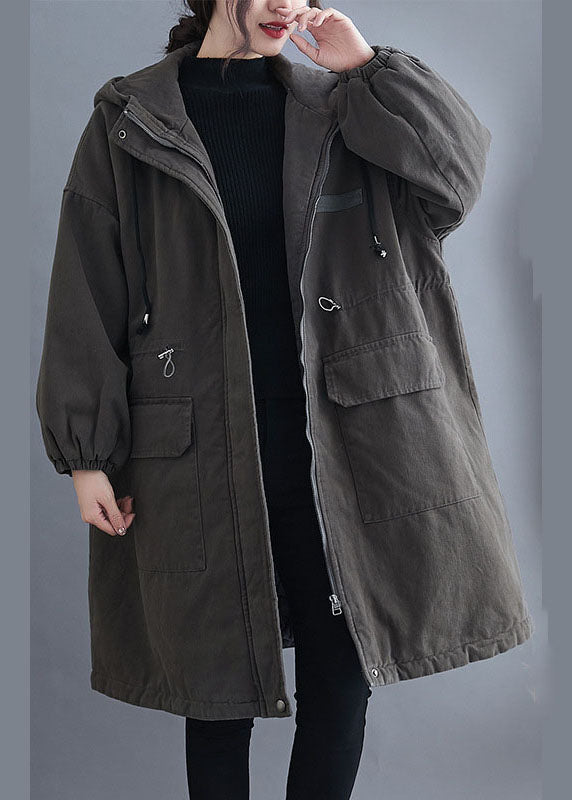 Organic Grey Hooded Zippered Pockets Winter Long Sleeve Coat