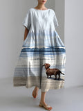 Comstylish Dachshund Dog Ocean Wave Art Print Linen Blend Dress