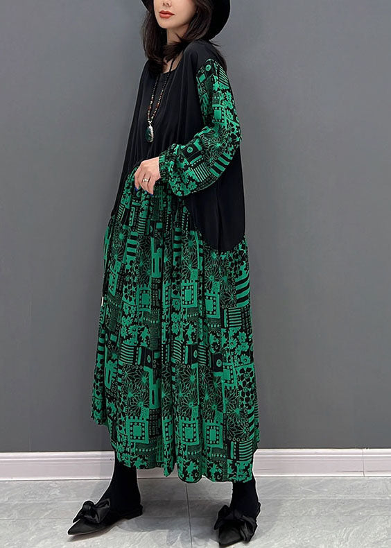 Green O-neck Patchwork Drawstring Cotton Maxi Dresses Fall