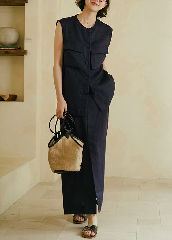 Boutique Navy Vest and Skirts Linen Two Pieces Set Summer