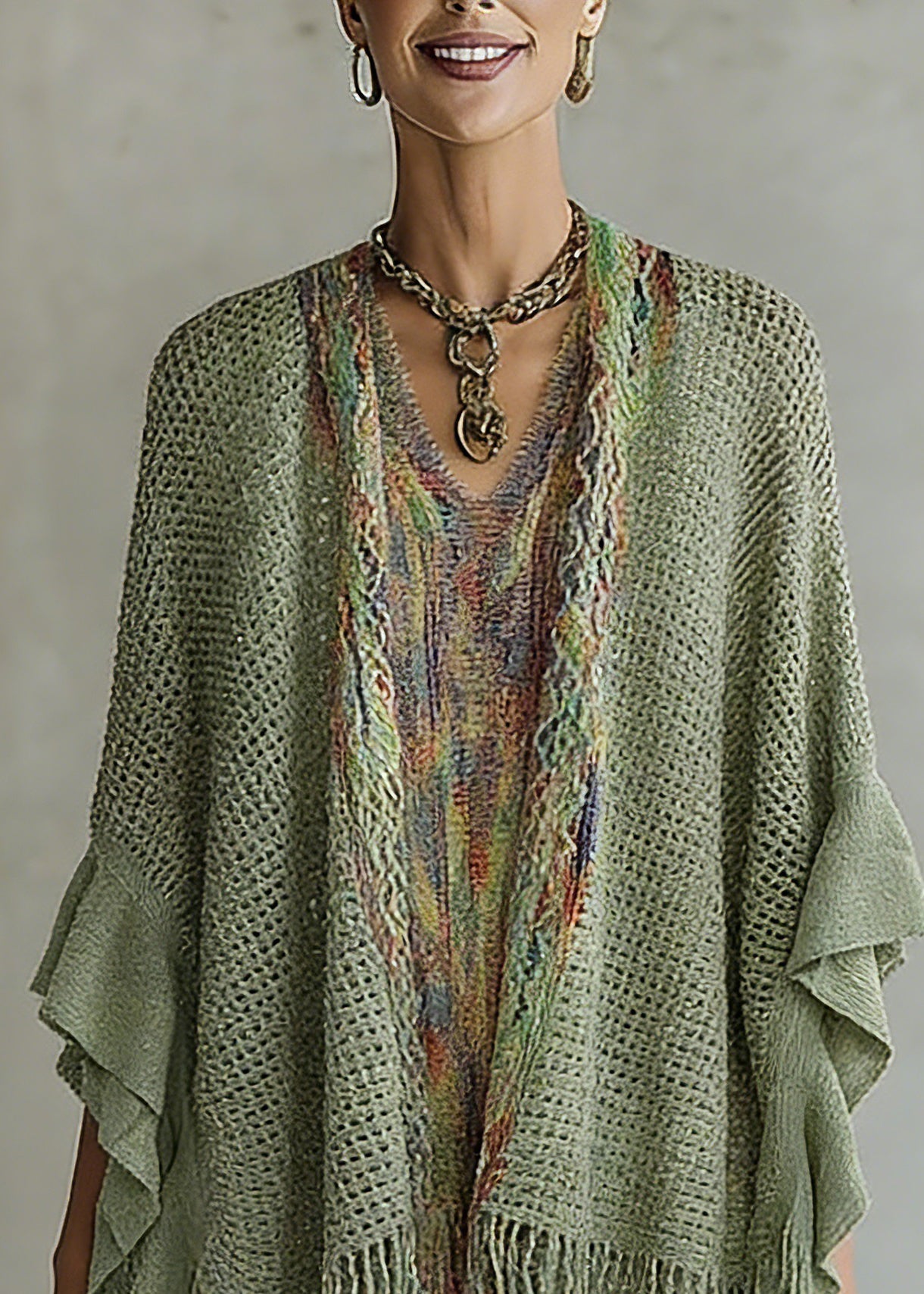 Green V Neck Knit Cardigan Batwing Sleeve