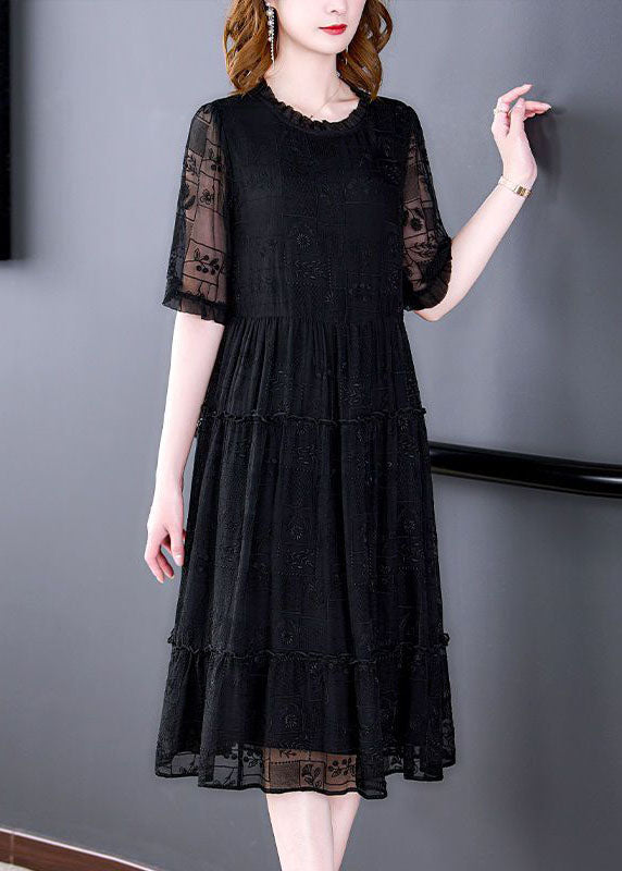 Black O-neck Ruffled Embroideried Silk Long Dresses Summer
