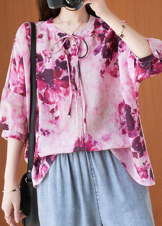 Pink Print Short Sleeve Summer Cotton Shirt Top