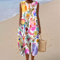 Comstylish Women's Vintage Floral Cat Art Print Sleeveless Wrap Dress