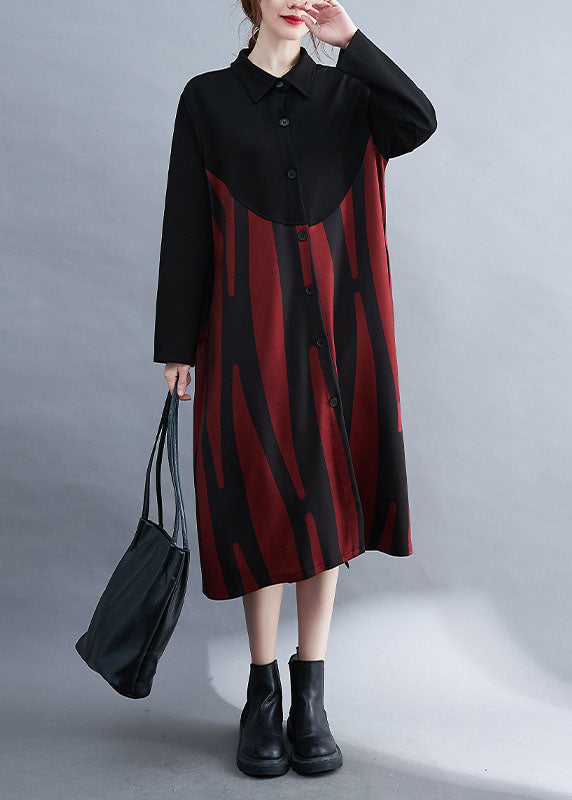 Fine Red Peterpan Collar Patchwork Button Fall Long Sleeve Dress