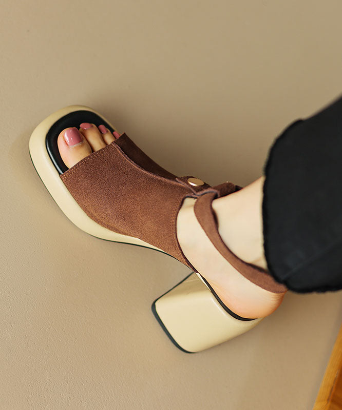 Black Peep Toe Buckle Strap Splicing Suede Chunky High Heels Sandals