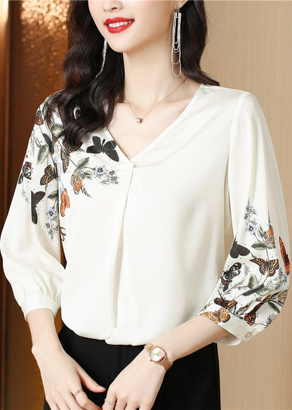 White V Neck Print Silk Top Long Sleeve