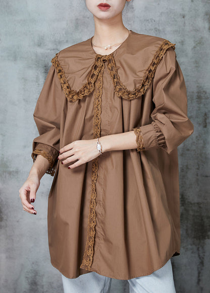 Coffee Peter Pan Collar Patchwork Lace Cotton Shirts Spring