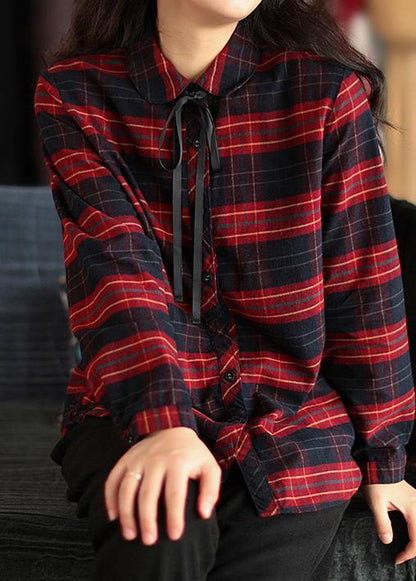 Modern Peter Pan Collar Spring Tunic Top Red Plaid Shirts