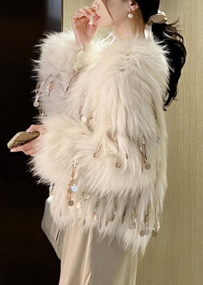 Beige Sequins Tassel Mink Hair Coats Winter