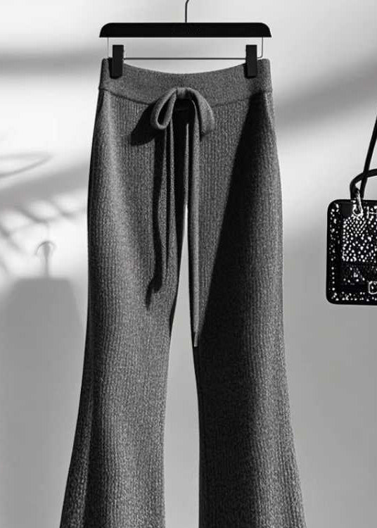Grey Cozy Elastic Waist Knit Flared Trousers Fall