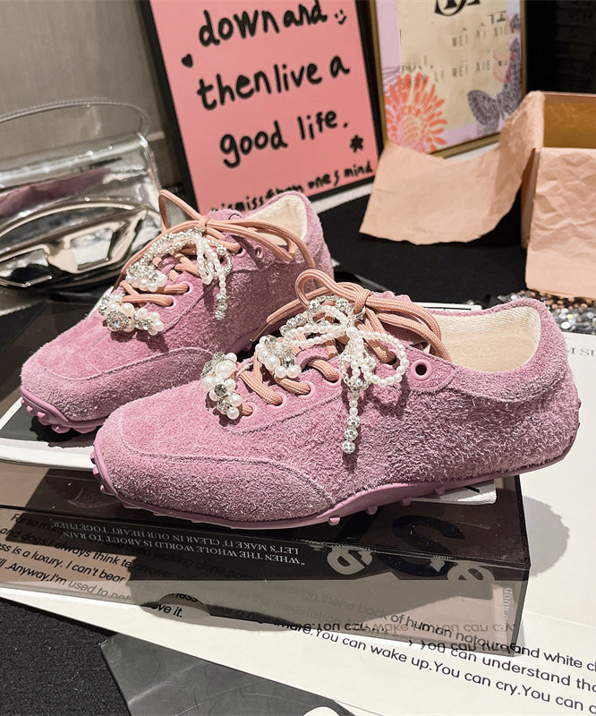 Splicing Flats Purple Suede Lace Up Pearl Zircon