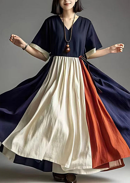 Navy Cinched Patchwork Cotton Holiday Dress Summer