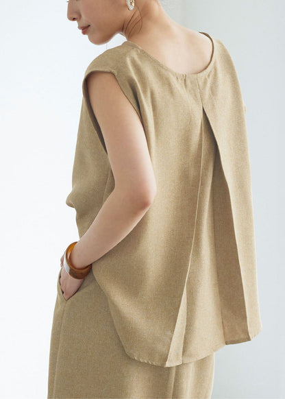 Grey O-neck Wrinkled Linen Tops Sleeveless