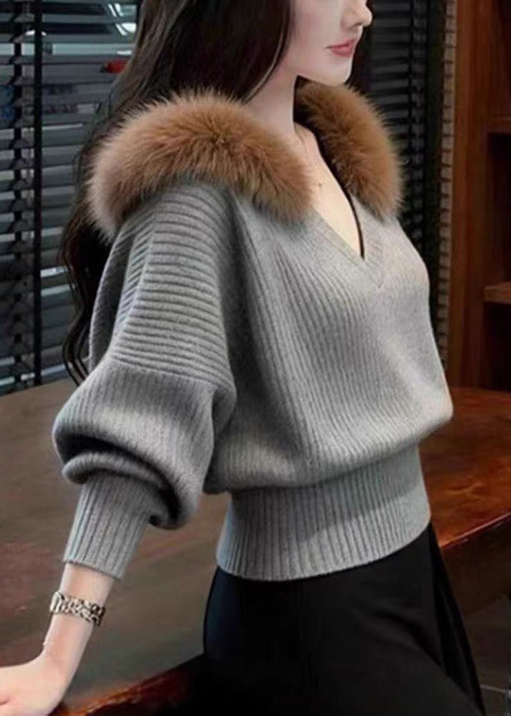 Slim Fit Beige Fur Collar Knit Sweater Tops Spring