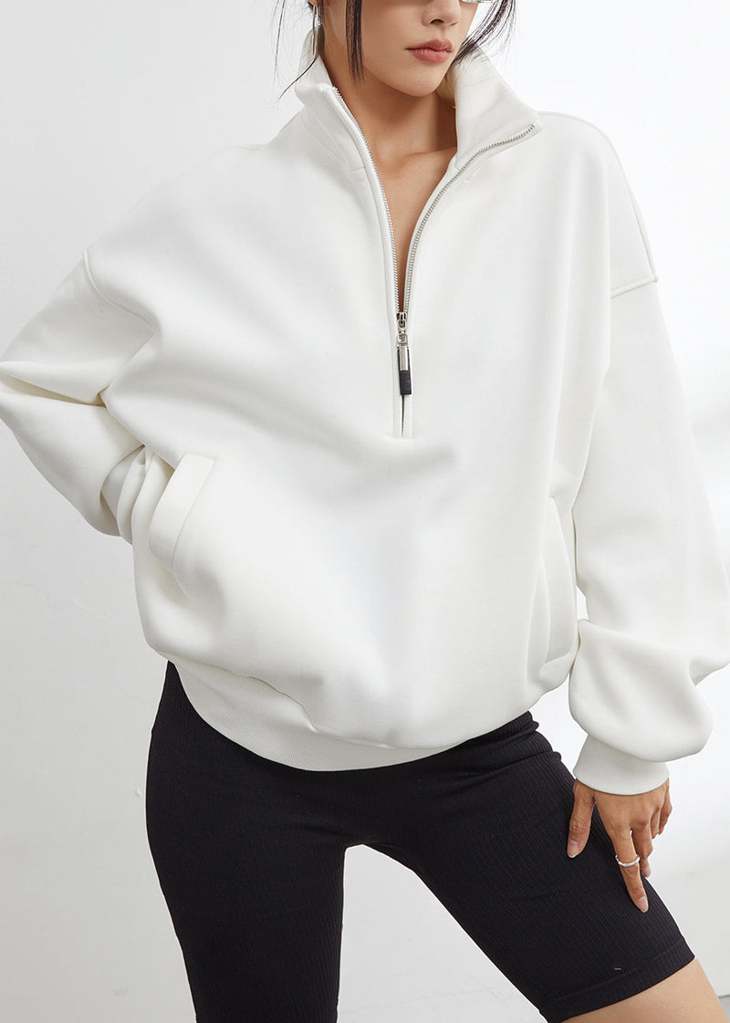 White Stand Collar Zip Up Warm Fleece Sweatshirt Winter
