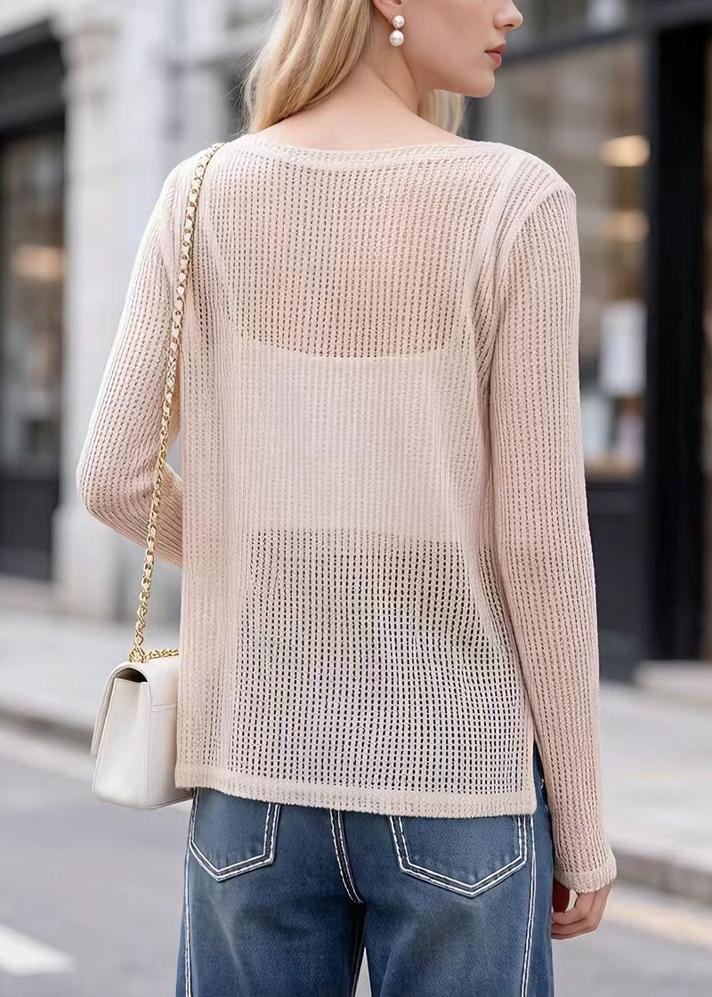 Beige Hollow Out Polyester Tops Spring