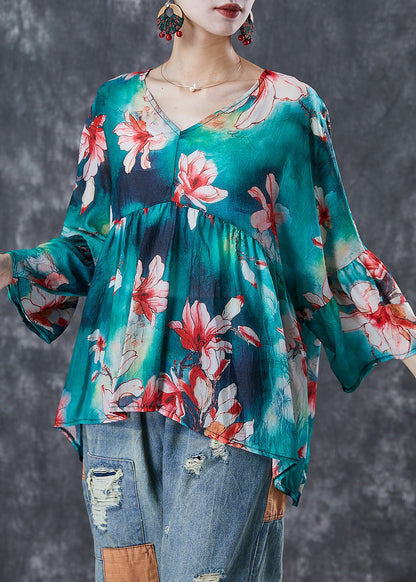 Modern Green Oversized Print Cotton Tops Fall