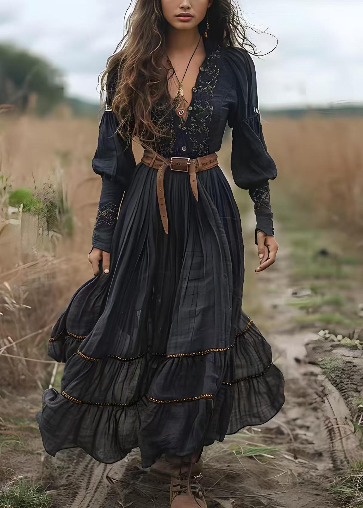 Black V Neck Print Wrinkled Cotton Long Dress Spring