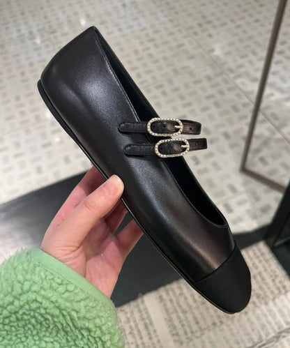Beige Cowhide Leather Flat Feet Shoes Splicing Buckle Strap