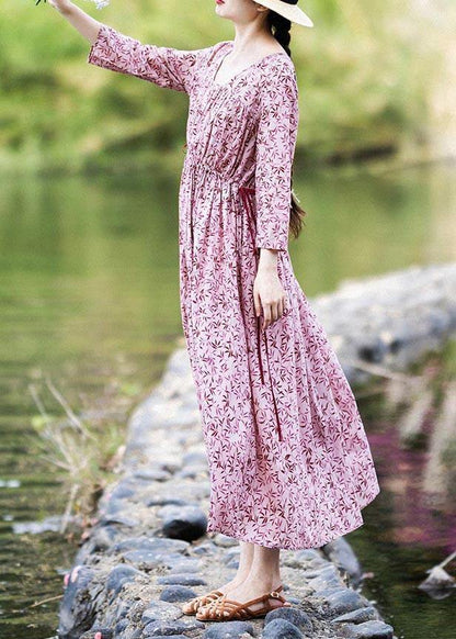 Pink Purple Print Cinched Cotton Pockets Summer Long Dresses