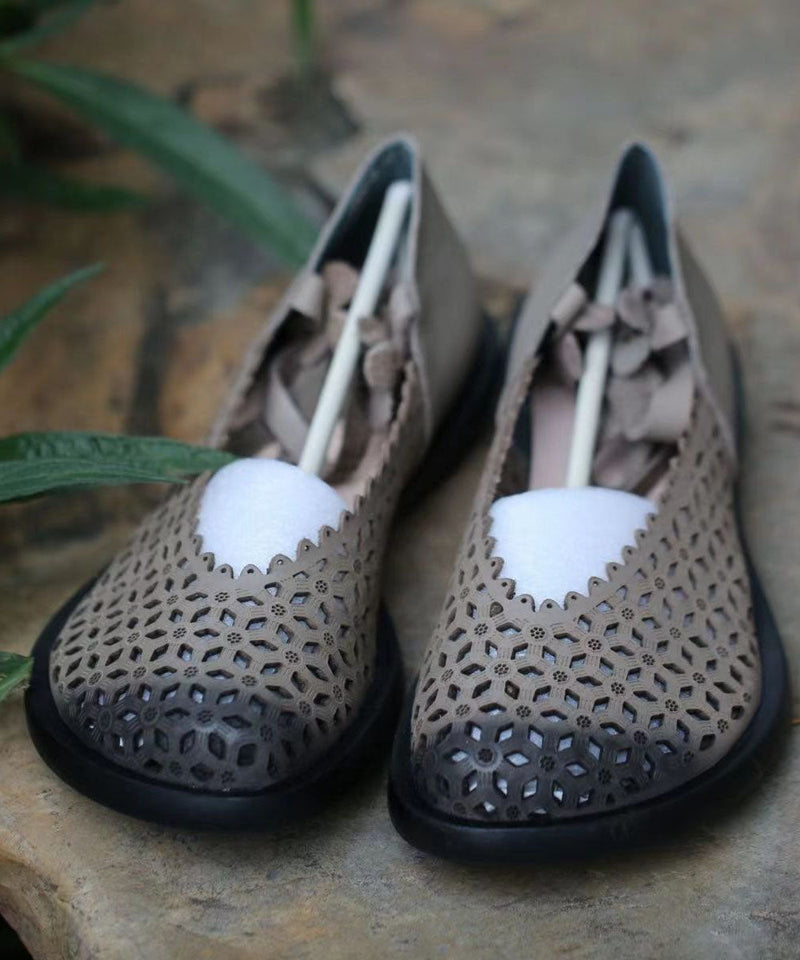 Grey Flat Shoes Calf Fitted Splicing Hollow Out Cross Strap