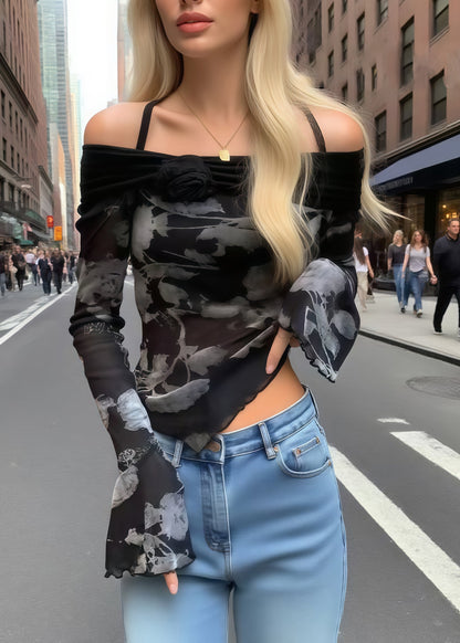 Black Print Flower Decorated Cold Shoulder Tops Summer