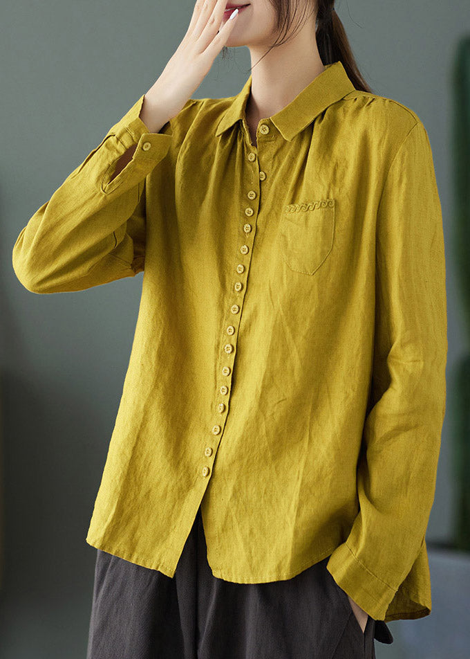 Yellow Peter Pan Collar Embroideried Linen Shirt Long Sleeve
