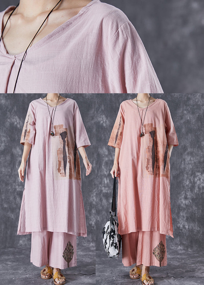 Brick Red Print Linen Dress and Pants Two Piece Set Outfits Side Open Summer