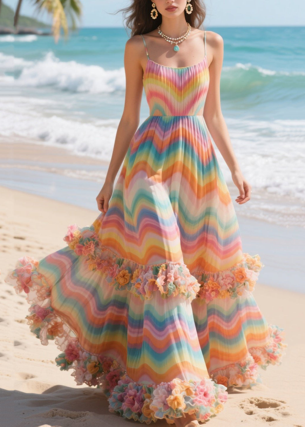 Rainbow Striped Three-dimensional Flower Chiffon Long Dress Summer