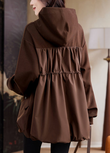 Coffee Hooded Pockets Drawstring Cotton Sweatshirt Fall