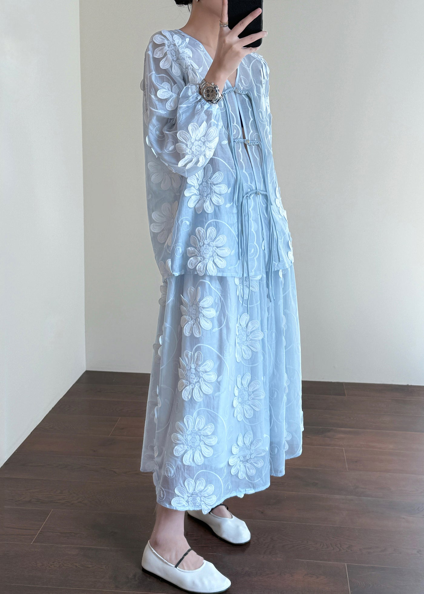 Blue Chinese Button Shirts and Skirts Silk Two-piece Set Fall