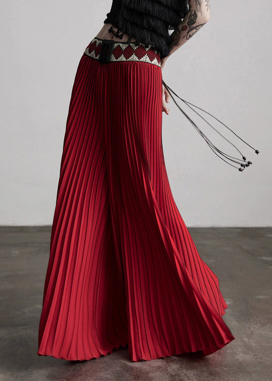 Red Waist Flower Splicing Pleated Wide Leg Pants Spring